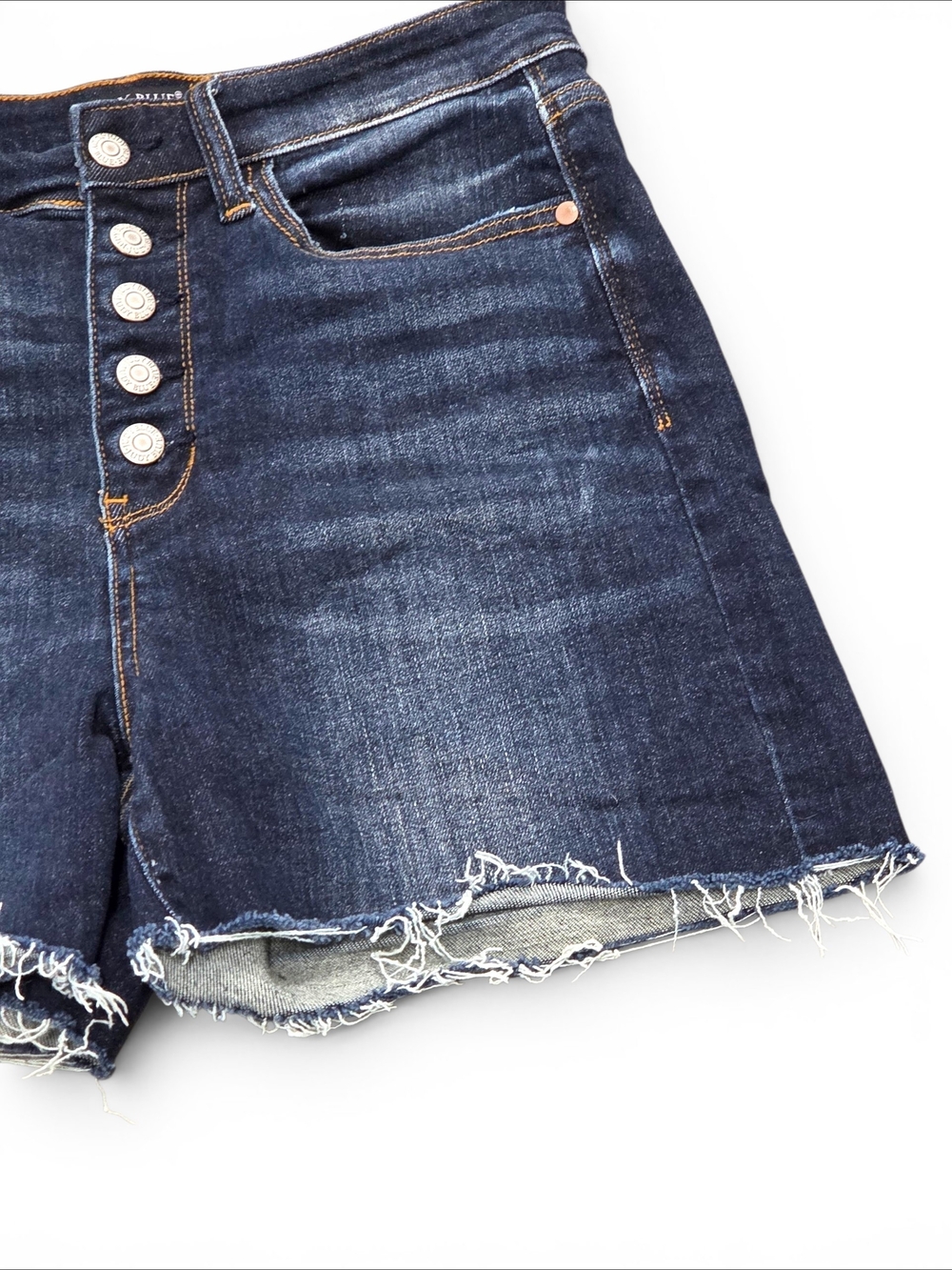 Judy Blue High Rise Button Fly Raw Hem Denim Shorts Distressed Dark Wash Large - Picture 5 of 10